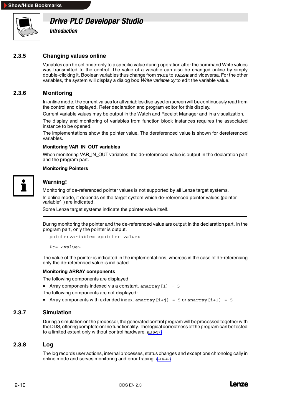5 changing values online, 6 monitoring, 7 simulation | 8 log, Changing values online, Monitoring, Simulation, Drive plc developer studio | Lenze DDS v2.3 User Manual | Page 22 / 340