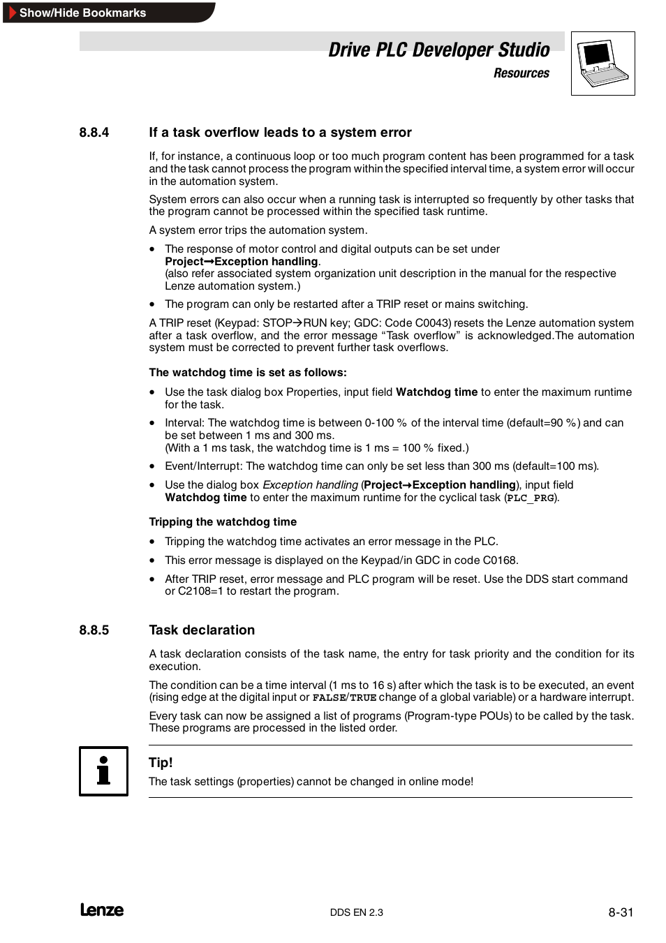 4 if a task overflow leads to a system error, 5 task declaration, Drive plc developer studio | Lenze DDS v2.3 User Manual | Page 221 / 340