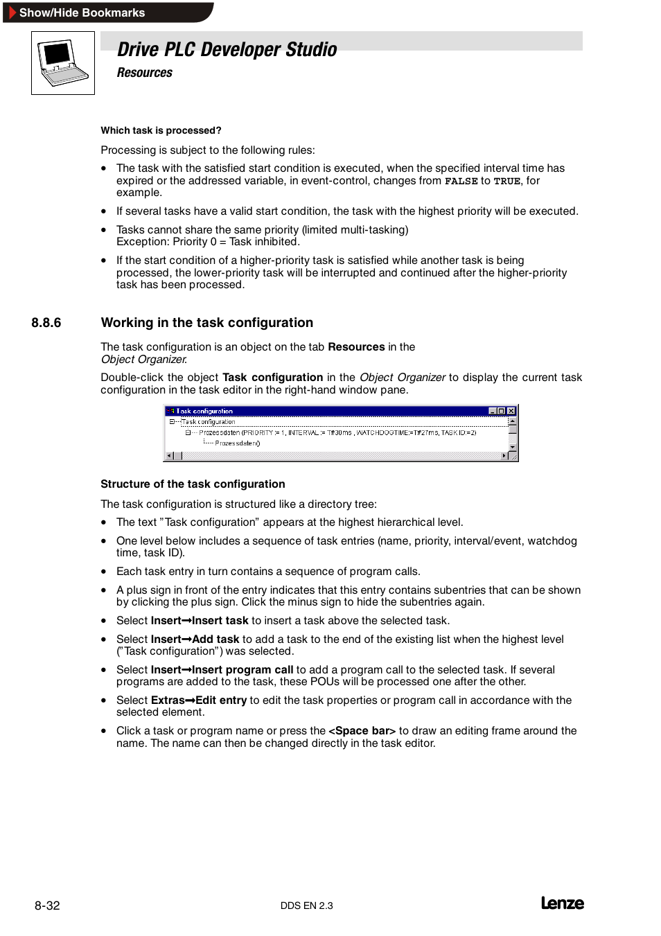 6 working in the task configuration, Drive plc developer studio | Lenze DDS v2.3 User Manual | Page 222 / 340