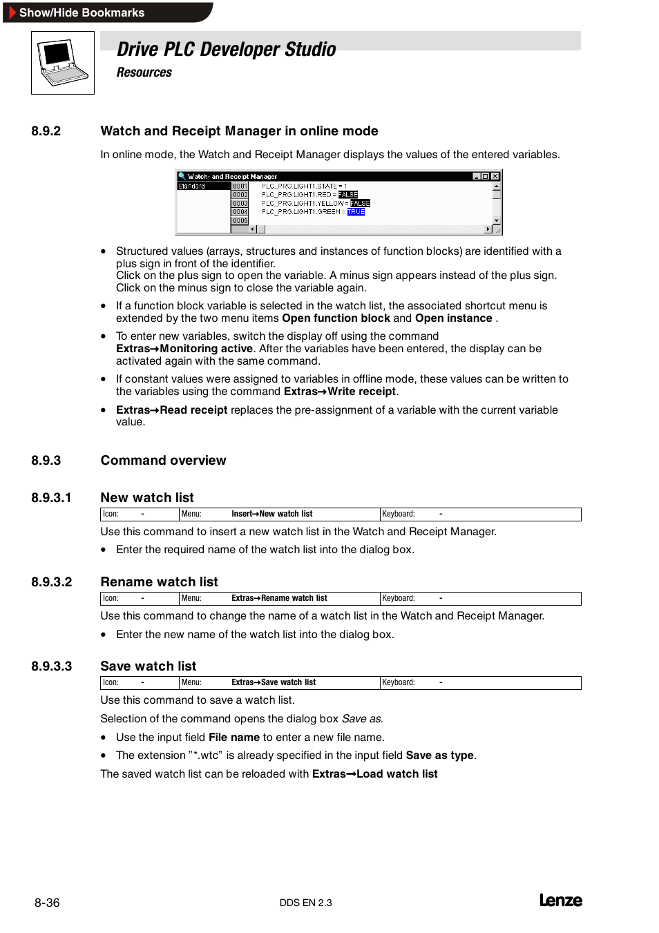 2 watch and receipt manager in online mode, 3 command overview, Watch and receipt manager in online mode | Command overview, Drive plc developer studio | Lenze DDS v2.3 User Manual | Page 226 / 340