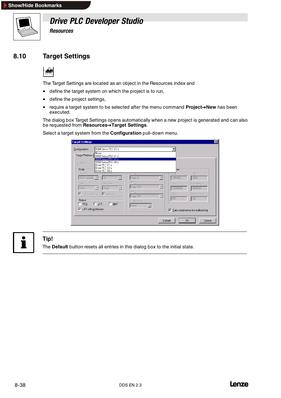 10 target settings, Drive plc developer studio | Lenze DDS v2.3 User Manual | Page 228 / 340