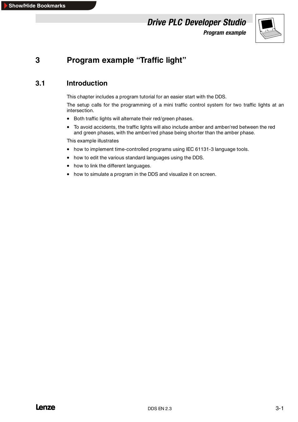 3 program example "traffic light, 1 introduction, 3 program example “traffic light | Drive plc developer studio, 3program example “traffic light | Lenze DDS v2.3 User Manual | Page 23 / 340