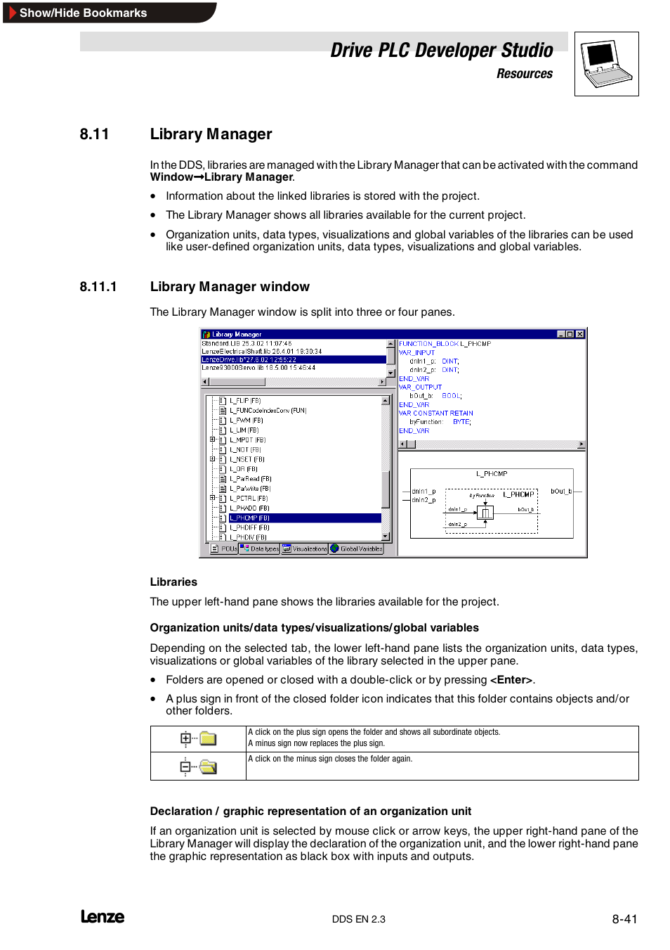 11 library manager, 1 library manager window, Library manager window | Drive plc developer studio | Lenze DDS v2.3 User Manual | Page 231 / 340
