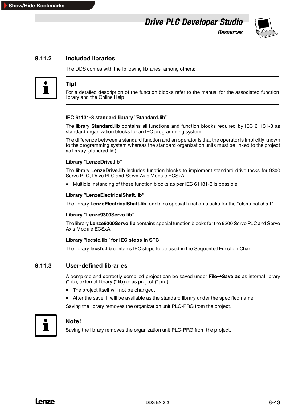 2 included libraries, 3 user-defined libraries, Included libraries | User-defined libraries, Drive plc developer studio | Lenze DDS v2.3 User Manual | Page 233 / 340