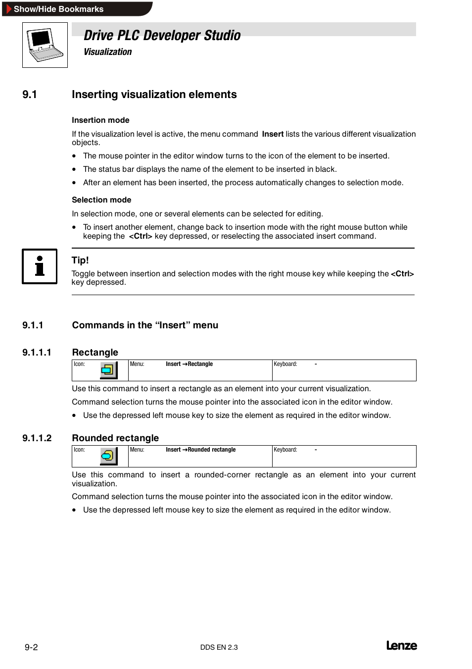 1 inserting visualization elements, 1 commands in the "insert" menu, Commands in the “insert” menu | Drive plc developer studio | Lenze DDS v2.3 User Manual | Page 236 / 340