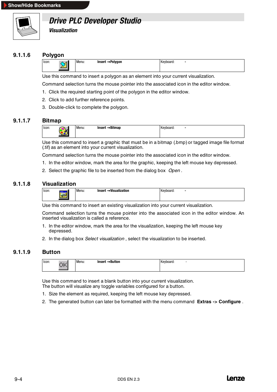 Drive plc developer studio, Visualization, 6 polygon | 7 bitmap, 8 visualization, 9 button | Lenze DDS v2.3 User Manual | Page 238 / 340