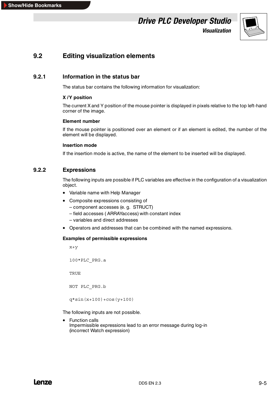 2 editing visualization elements, 1 information in the status bar, 2 expressions | Information in the status bar, Expressions, Drive plc developer studio | Lenze DDS v2.3 User Manual | Page 239 / 340