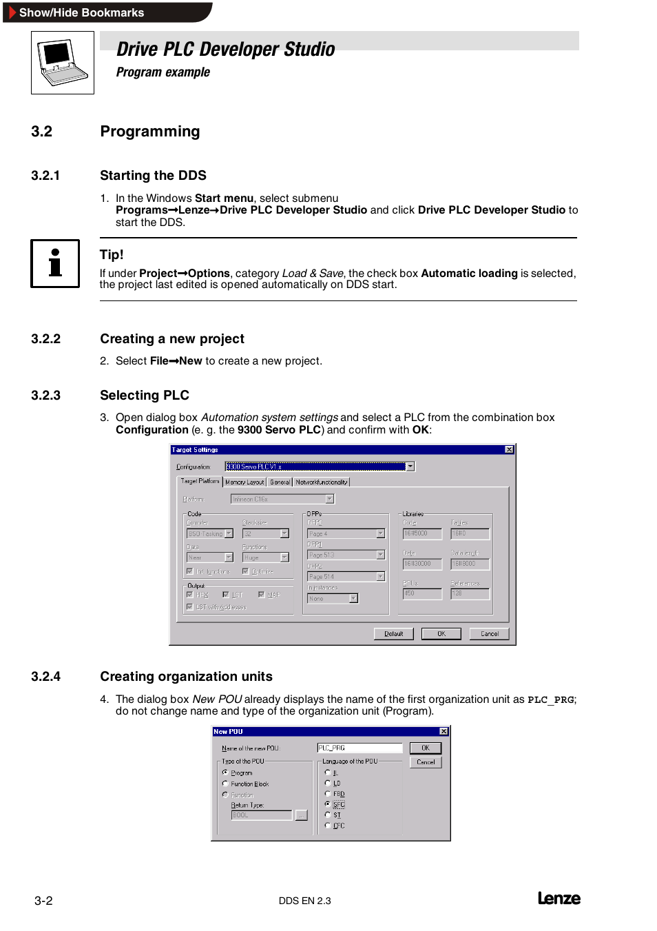 2 programming, 1 starting the dds, 2 creating a new project | 3 selecting plc, 4 creating organization units, Starting the dds, Creating a new project, Selecting plc, Creating organization units, Drive plc developer studio | Lenze DDS v2.3 User Manual | Page 24 / 340