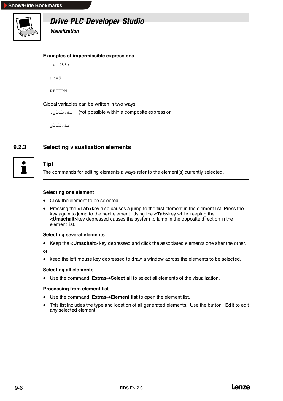 3 selecting visualization elements, Selecting visualization elements, Drive plc developer studio | Lenze DDS v2.3 User Manual | Page 240 / 340