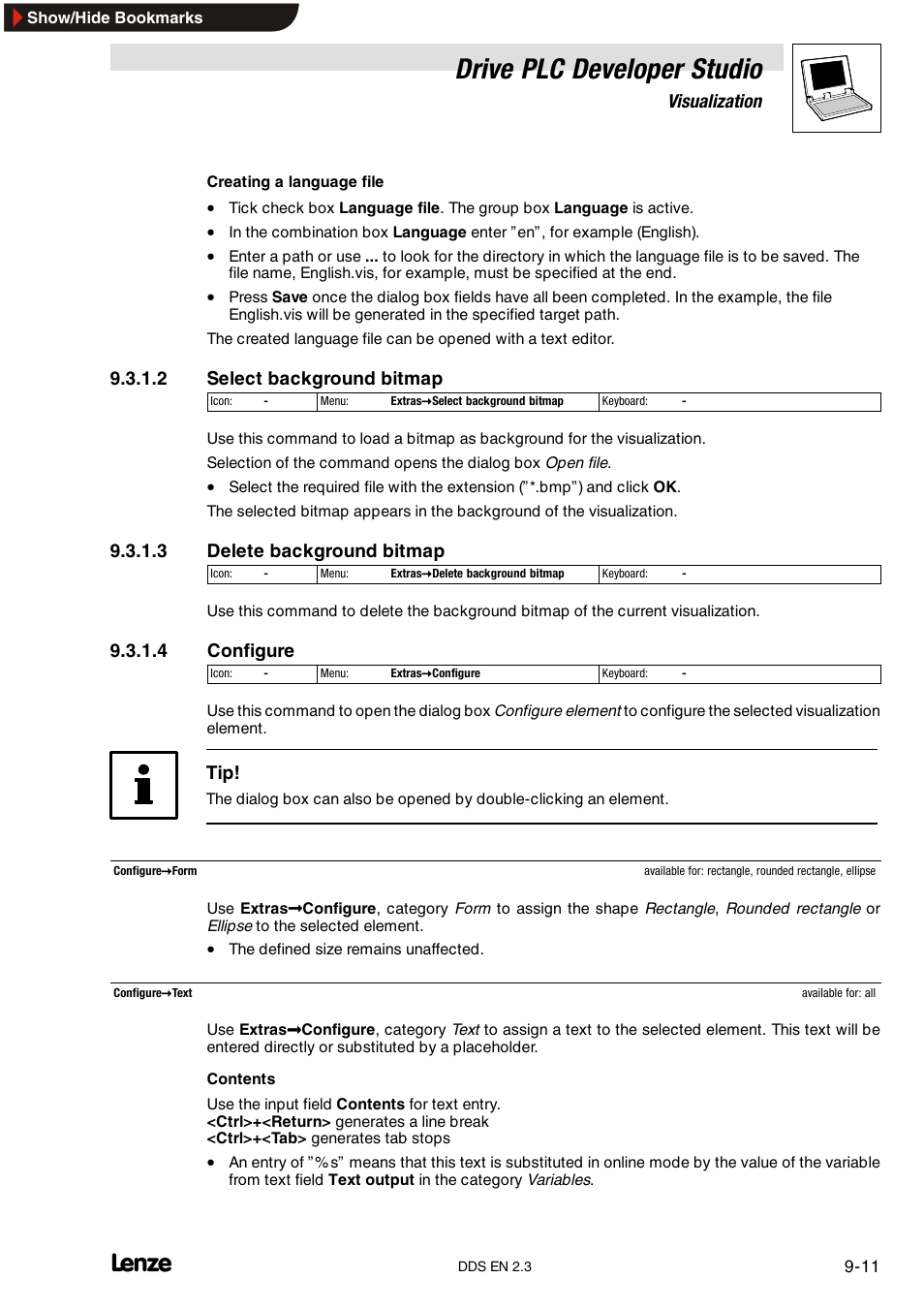 Drive plc developer studio, Visualization, 2 select background bitmap | 3 delete background bitmap, 4 configure | Lenze DDS v2.3 User Manual | Page 245 / 340