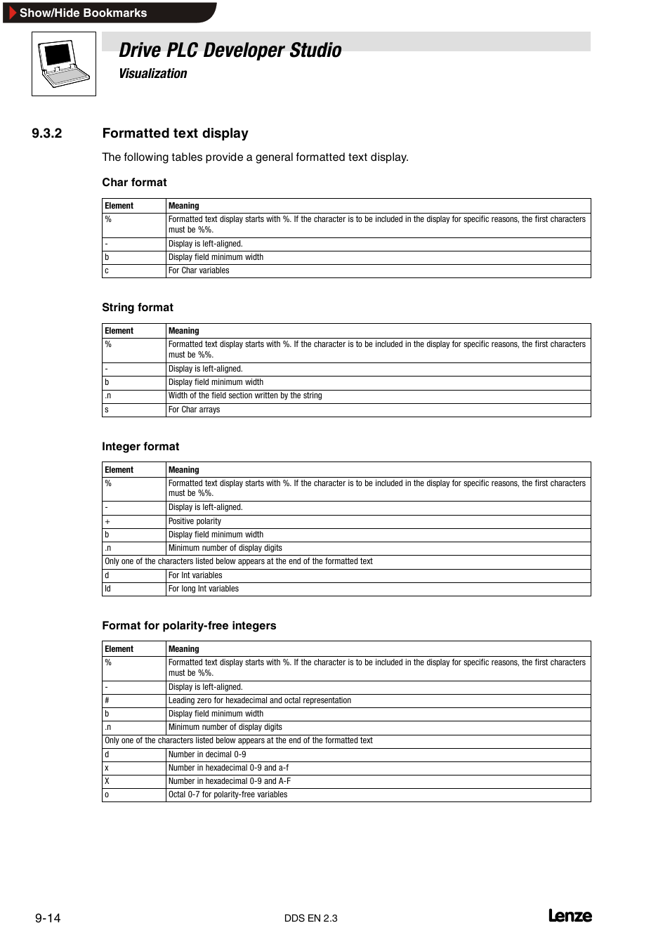 2 formatted text display, Formatted text display, Drive plc developer studio | Visualization | Lenze DDS v2.3 User Manual | Page 248 / 340