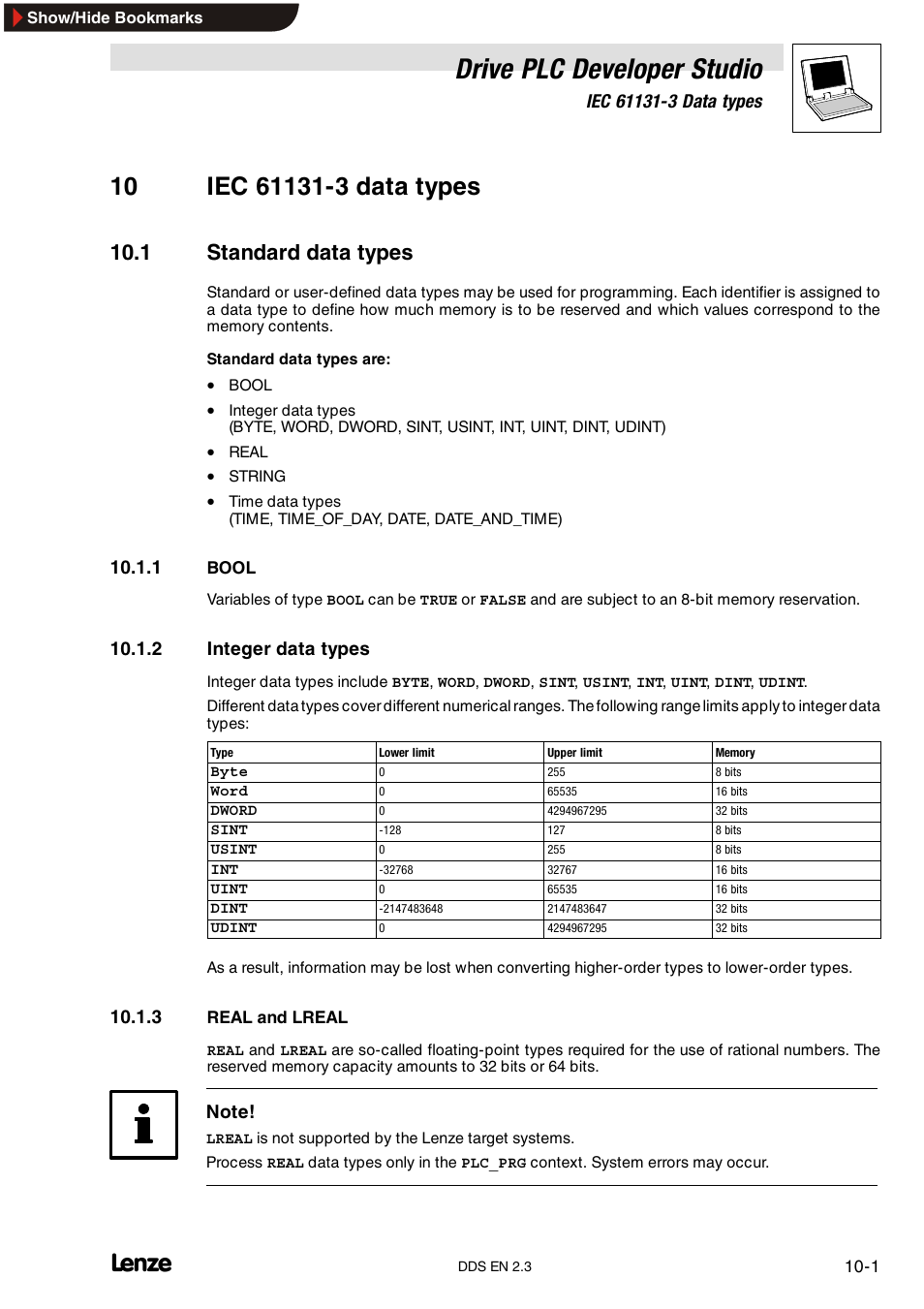 10 iec 61131-3 data types, 1 standard data types, 1 bool | 2 integer data types, 3 real and lreal, Bool, Integer data types, Real and lreal, Drive plc developer studio | Lenze DDS v2.3 User Manual | Page 257 / 340
