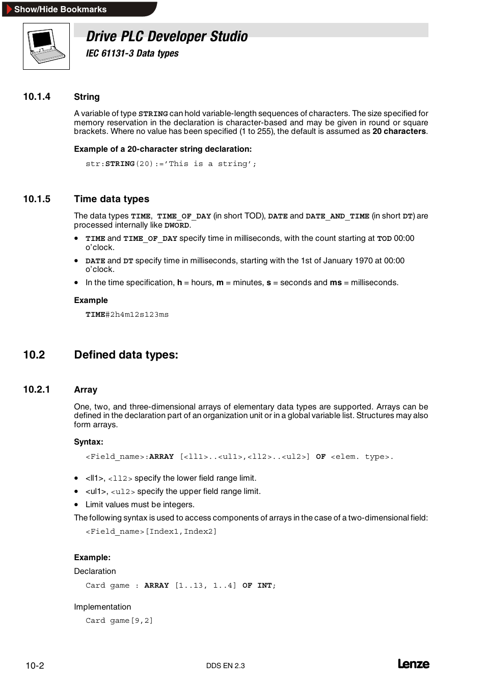4 string, 5 time data types, 2 defined data types | 1 array, String, Time data types, Array, Drive plc developer studio | Lenze DDS v2.3 User Manual | Page 258 / 340