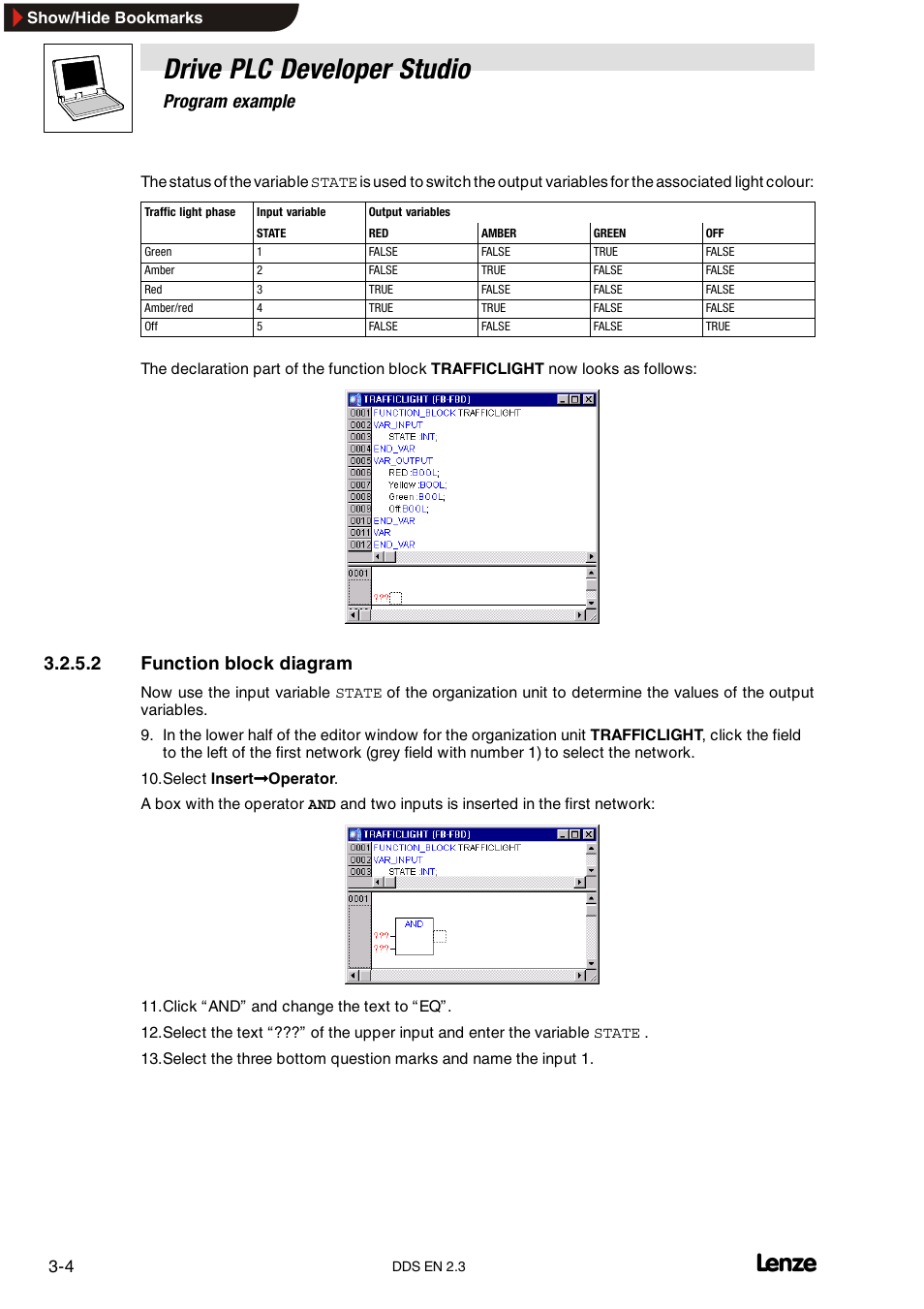 Drive plc developer studio, Program example, 2 function block diagram | Lenze DDS v2.3 User Manual | Page 26 / 340
