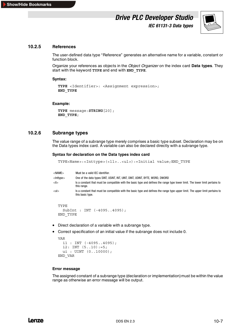 5 references, 6 subrange types, References | Subrange types, Drive plc developer studio | Lenze DDS v2.3 User Manual | Page 263 / 340