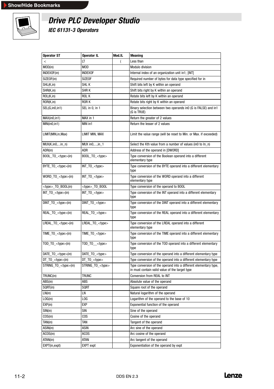 Drive plc developer studio, Show/hide bookmarks | Lenze DDS v2.3 User Manual | Page 268 / 340