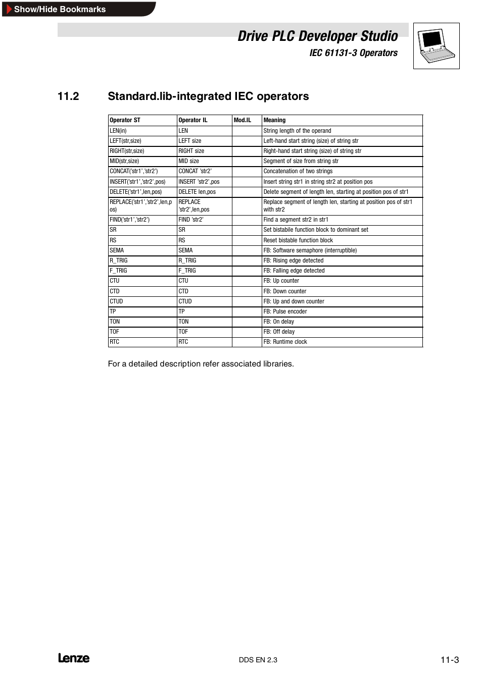 2 standard.lib-integrated iec operators, Drive plc developer studio | Lenze DDS v2.3 User Manual | Page 269 / 340