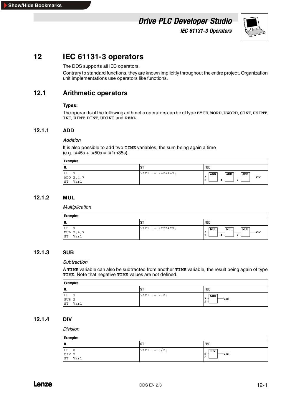 12 iec 61131-3 operators, 1 arithmetic operators, 1 add | 2 mul, 3 sub, 4 div, Drive plc developer studio | Lenze DDS v2.3 User Manual | Page 271 / 340