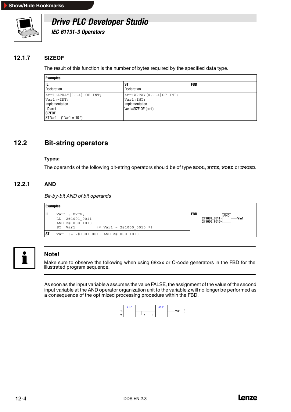 7 sizeof, 2 bit-string operators, 1 and | Sizeof, Drive plc developer studio | Lenze DDS v2.3 User Manual | Page 274 / 340
