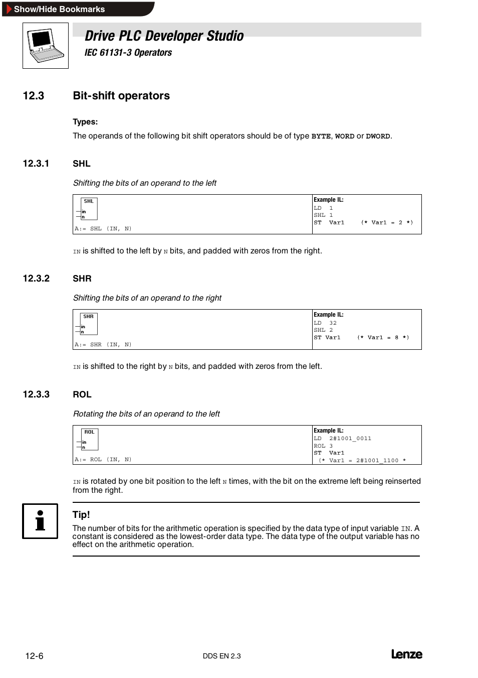 3 bit-shift operators, 1 shl, 2 shr | 3 rol, Drive plc developer studio | Lenze DDS v2.3 User Manual | Page 276 / 340