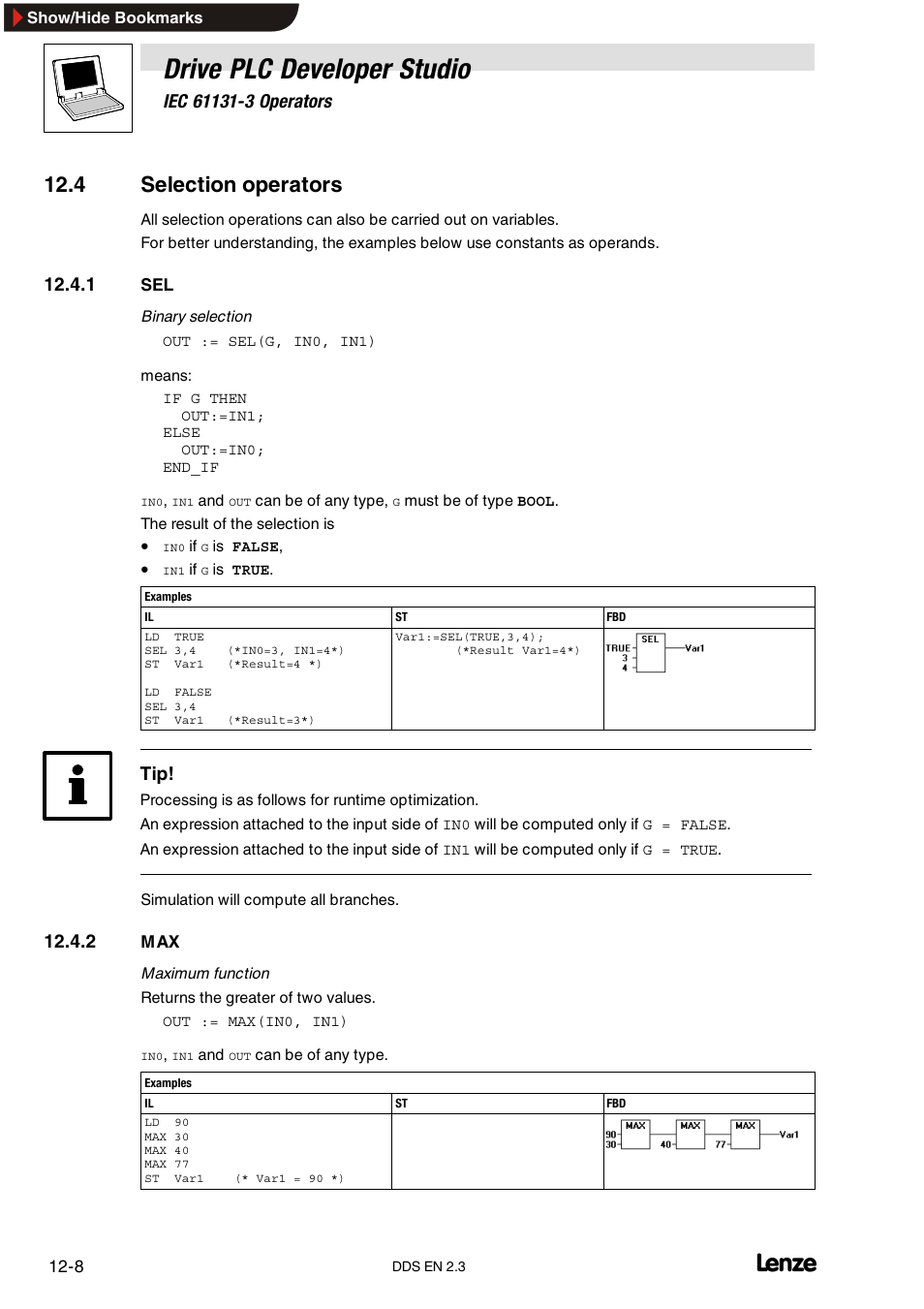4 selection operators, 1 sel, 2 max | Drive plc developer studio | Lenze DDS v2.3 User Manual | Page 278 / 340