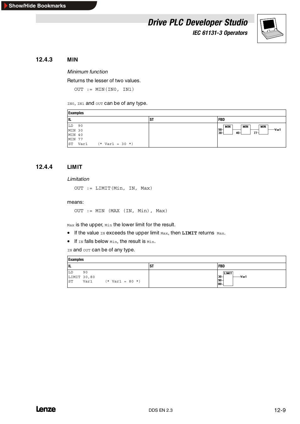 3 min, 4 limit, Limit | Drive plc developer studio | Lenze DDS v2.3 User Manual | Page 279 / 340