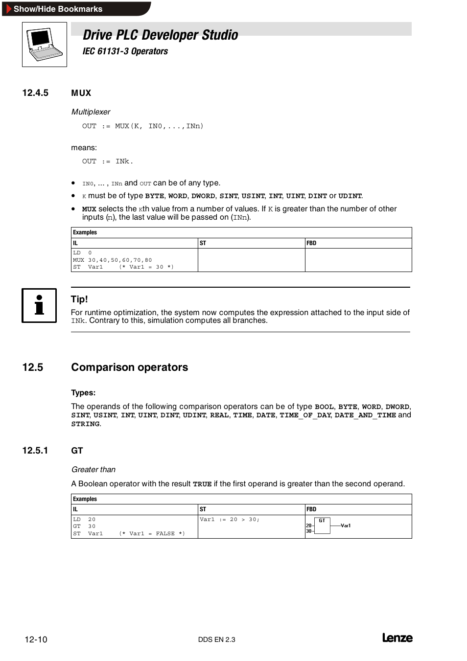 5 mux, 5 comparison operators, 1 gt | Drive plc developer studio | Lenze DDS v2.3 User Manual | Page 280 / 340