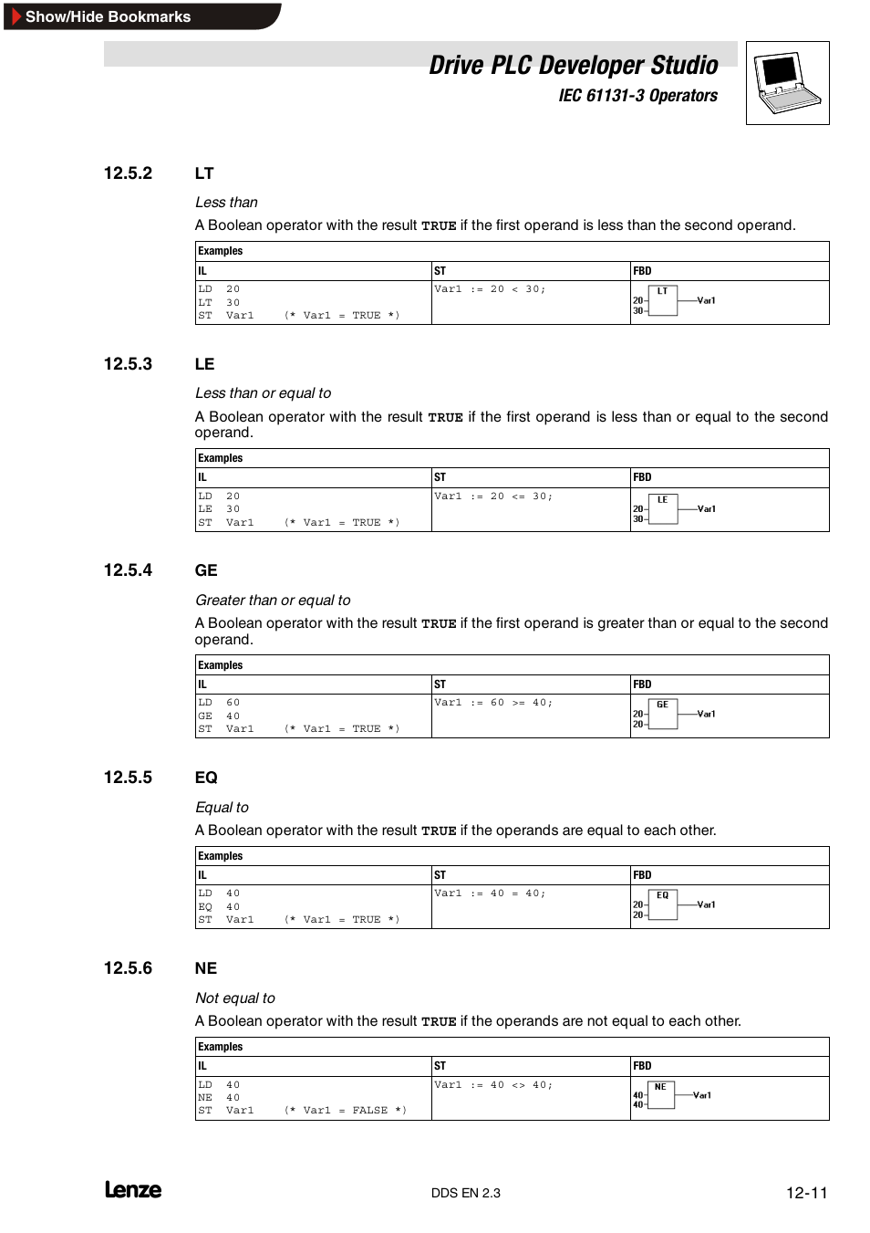 2 lt, 3 le, 4 ge | 5 eq, 6 ne, Drive plc developer studio | Lenze DDS v2.3 User Manual | Page 281 / 340