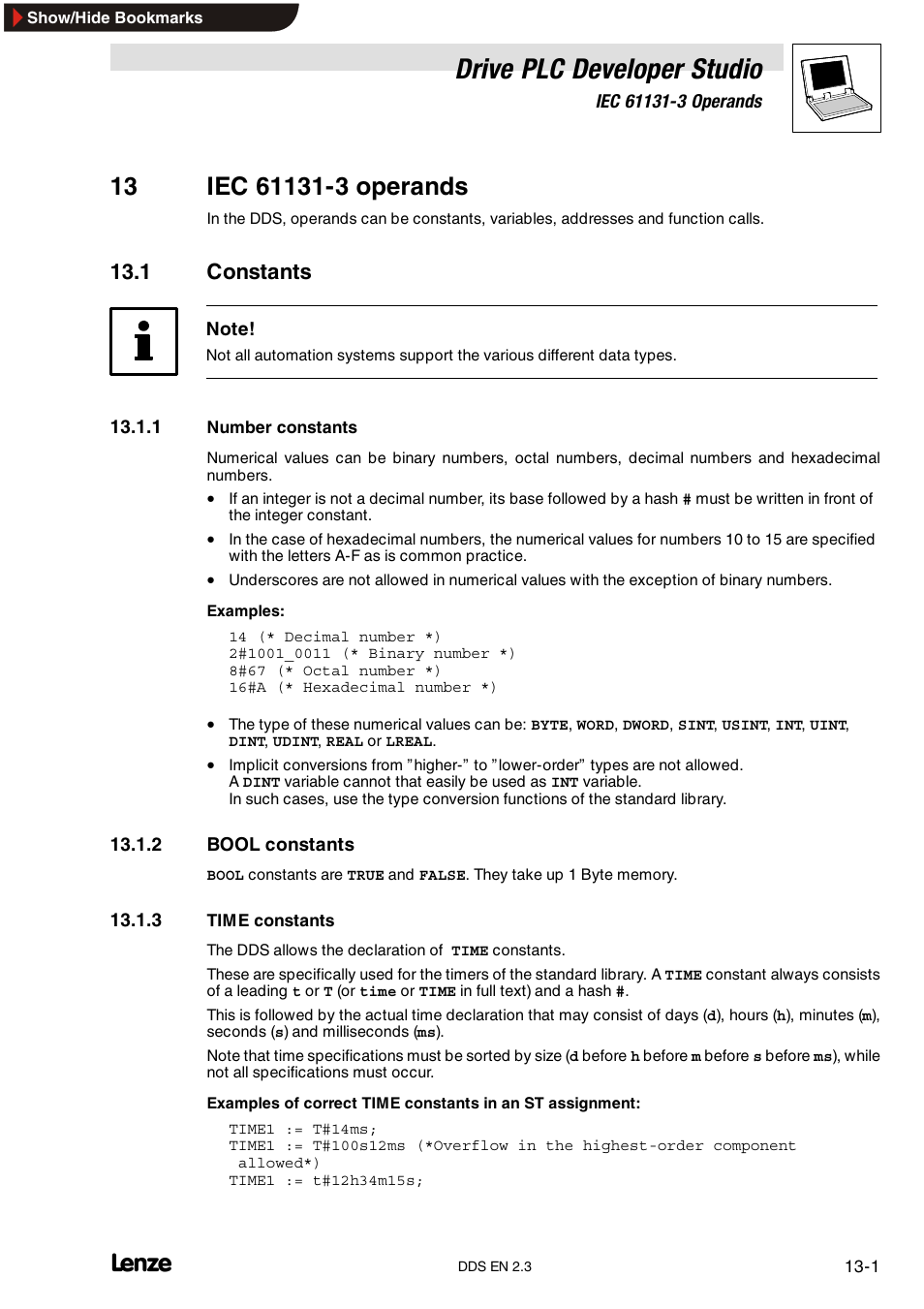13 iec 61131-3 operands, 1 constants, 1 number constants | 2 bool constants, 3 time constants, Number constants, Bool constants, Time constants, Drive plc developer studio | Lenze DDS v2.3 User Manual | Page 285 / 340