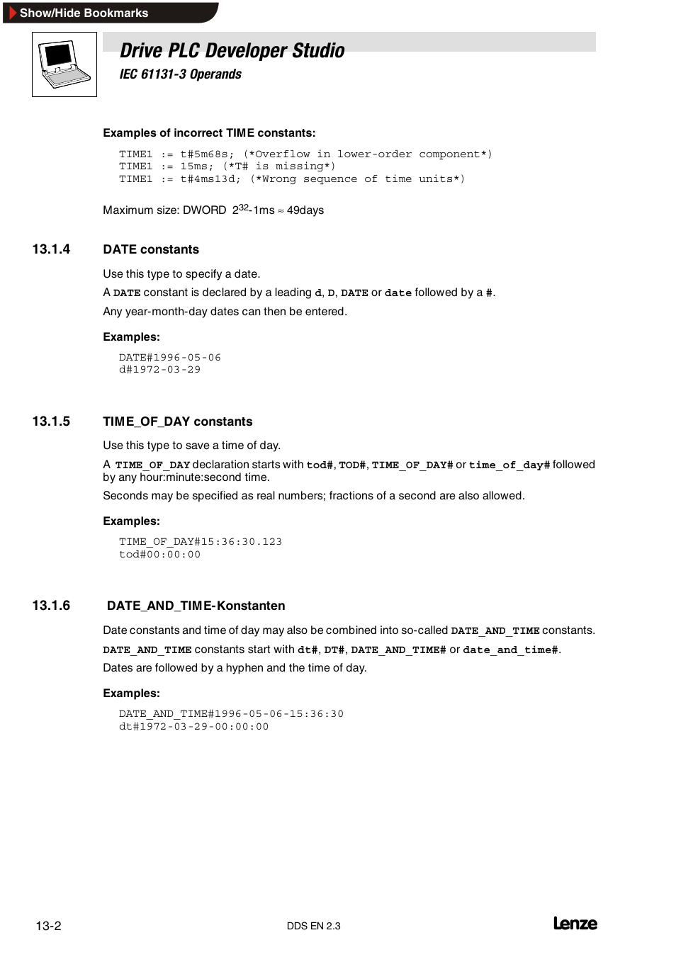4 date constants, 5 time_of_day constants, 6 date-and-time-konstanten | Date constants, Time_of_day constants, Date_and_time-konstanten, Drive plc developer studio | Lenze DDS v2.3 User Manual | Page 286 / 340
