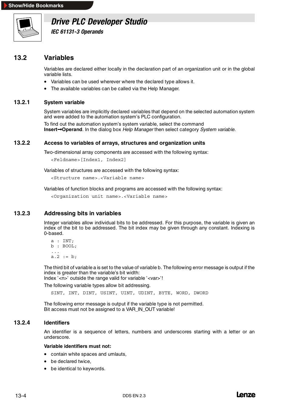 2 variables, 1 system variable, 3 addressing bits in variables | 4 identifiers, System variable, Addressing bits in variables, Identifiers, Drive plc developer studio | Lenze DDS v2.3 User Manual | Page 288 / 340
