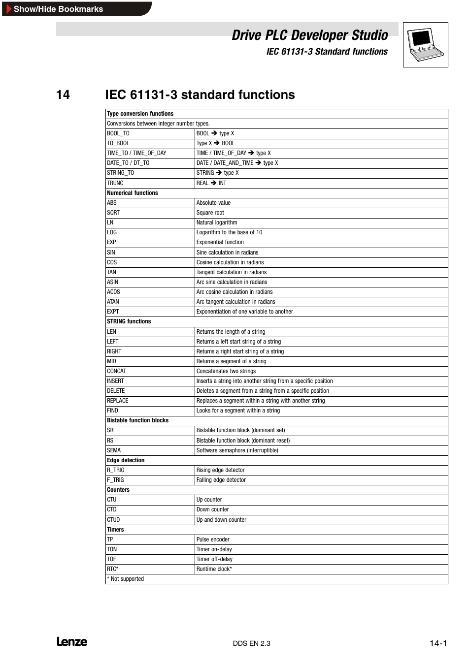 14 iec 61131-3 standard functions, Drive plc developer studio | Lenze DDS v2.3 User Manual | Page 293 / 340
