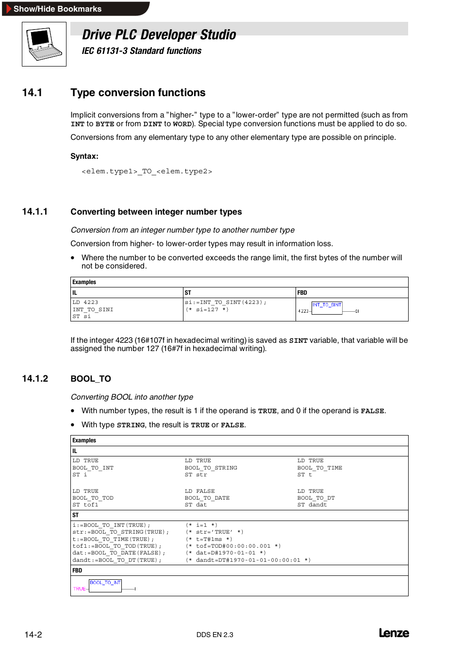 1 type conversion functions, 1 converting between integer number types, 2 bool_to | Converting between integer number types, Bool_to, Drive plc developer studio | Lenze DDS v2.3 User Manual | Page 294 / 340