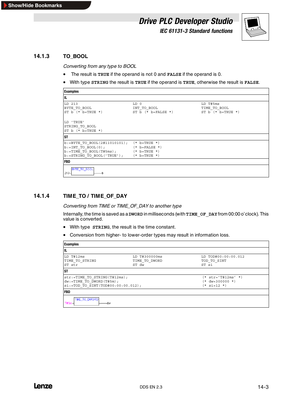 3 to_bool, 4 time_to / time_of_day, To_bool | Time_to / time_of_day, Drive plc developer studio | Lenze DDS v2.3 User Manual | Page 295 / 340