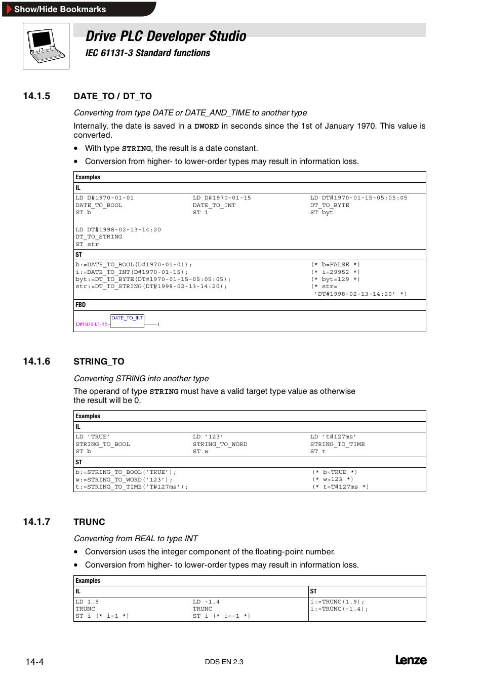 5 date_to / dt_to, 6 string_to, 7 trunc | Date_to / dt_to, String_to, Trunc, Drive plc developer studio | Lenze DDS v2.3 User Manual | Page 296 / 340