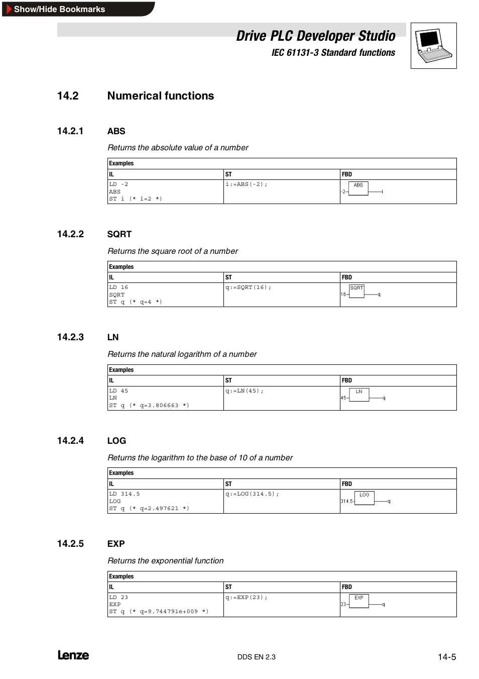 2 numerical functions, 1 abs, 2 sqrt | 3 ln, 4 log, 5 exp, Sqrt, Drive plc developer studio | Lenze DDS v2.3 User Manual | Page 297 / 340