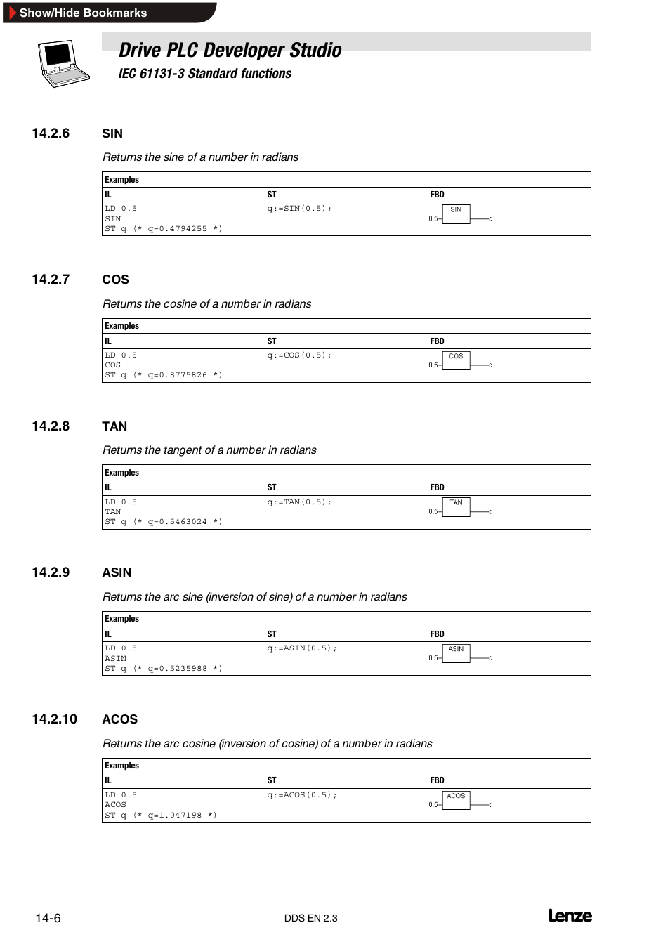 6 sin, 7 cos, 8 tan | 9 asin, 10 acos, Asin, Drive plc developer studio | Lenze DDS v2.3 User Manual | Page 298 / 340