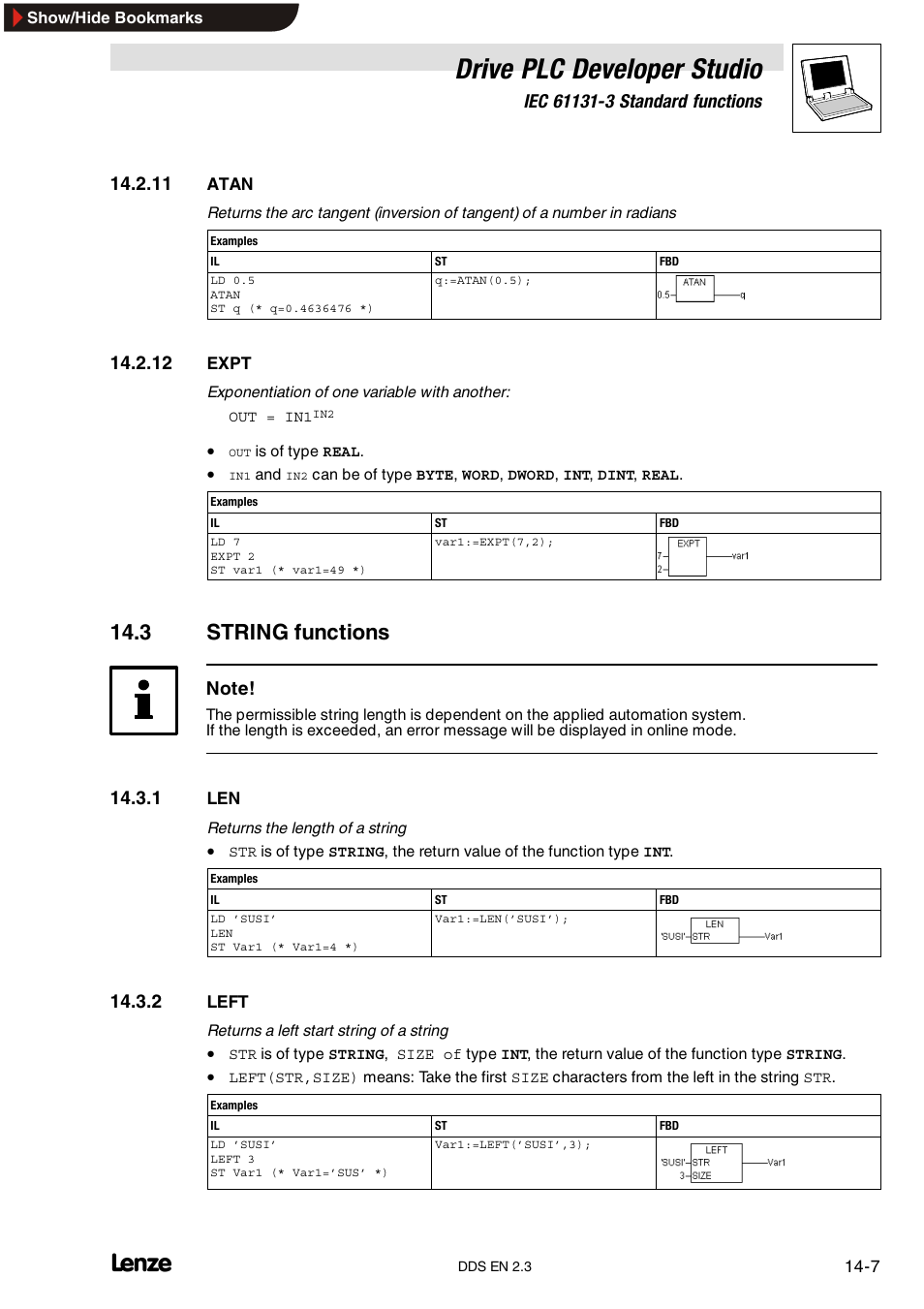11 atan, 12 expt, 3 string functions | 1 len, 2 left, Left, Drive plc developer studio | Lenze DDS v2.3 User Manual | Page 299 / 340