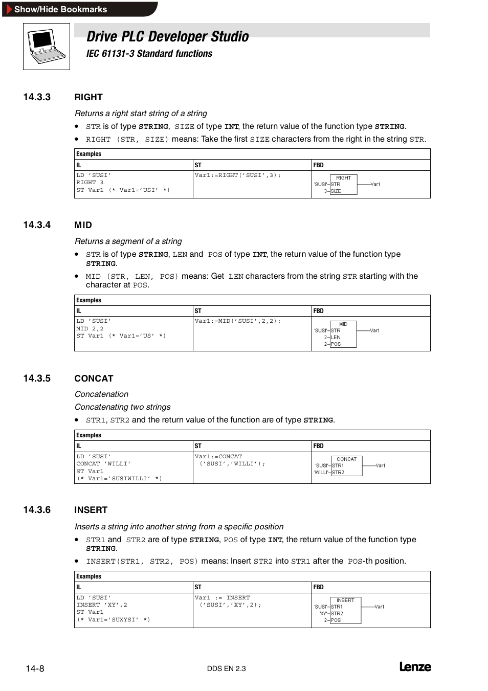 3 right, 4 mid, 5 concat | 6 insert, Right, Concat, Insert, Drive plc developer studio | Lenze DDS v2.3 User Manual | Page 300 / 340