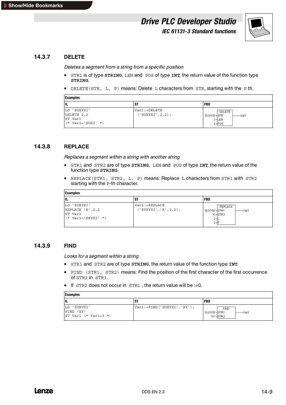 7 delete, 8 replace, 9 find | Delete, Replace, Find, Drive plc developer studio | Lenze DDS v2.3 User Manual | Page 301 / 340