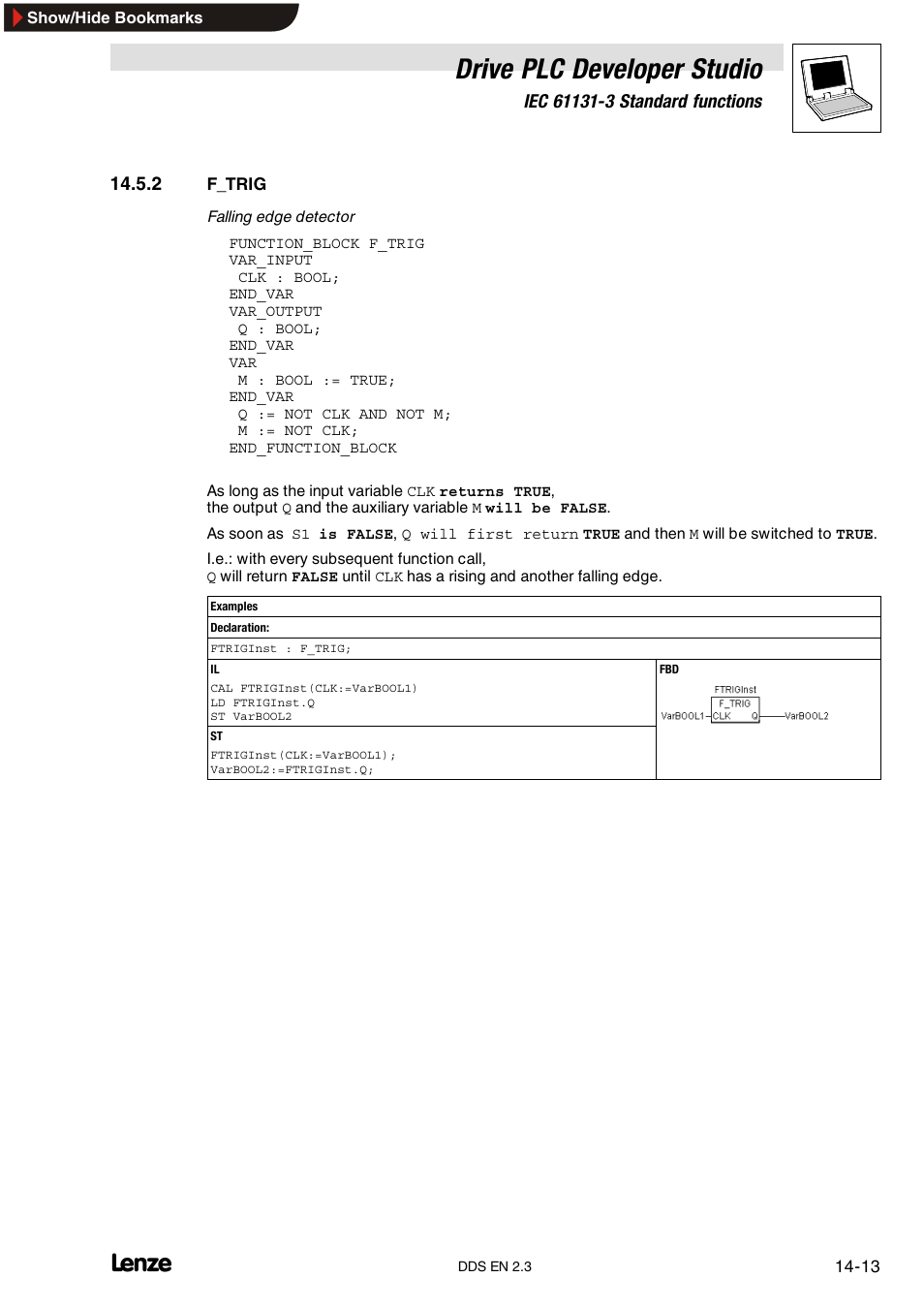 2 f-trig, F_trig, Drive plc developer studio | Lenze DDS v2.3 User Manual | Page 305 / 340