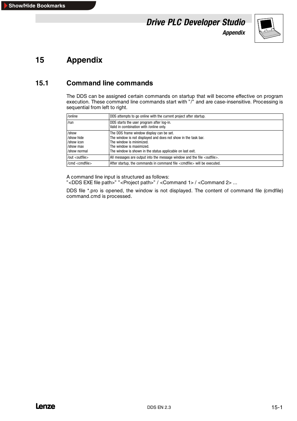 15 appendix, 1 command line commands, Drive plc developer studio | Lenze DDS v2.3 User Manual | Page 311 / 340
