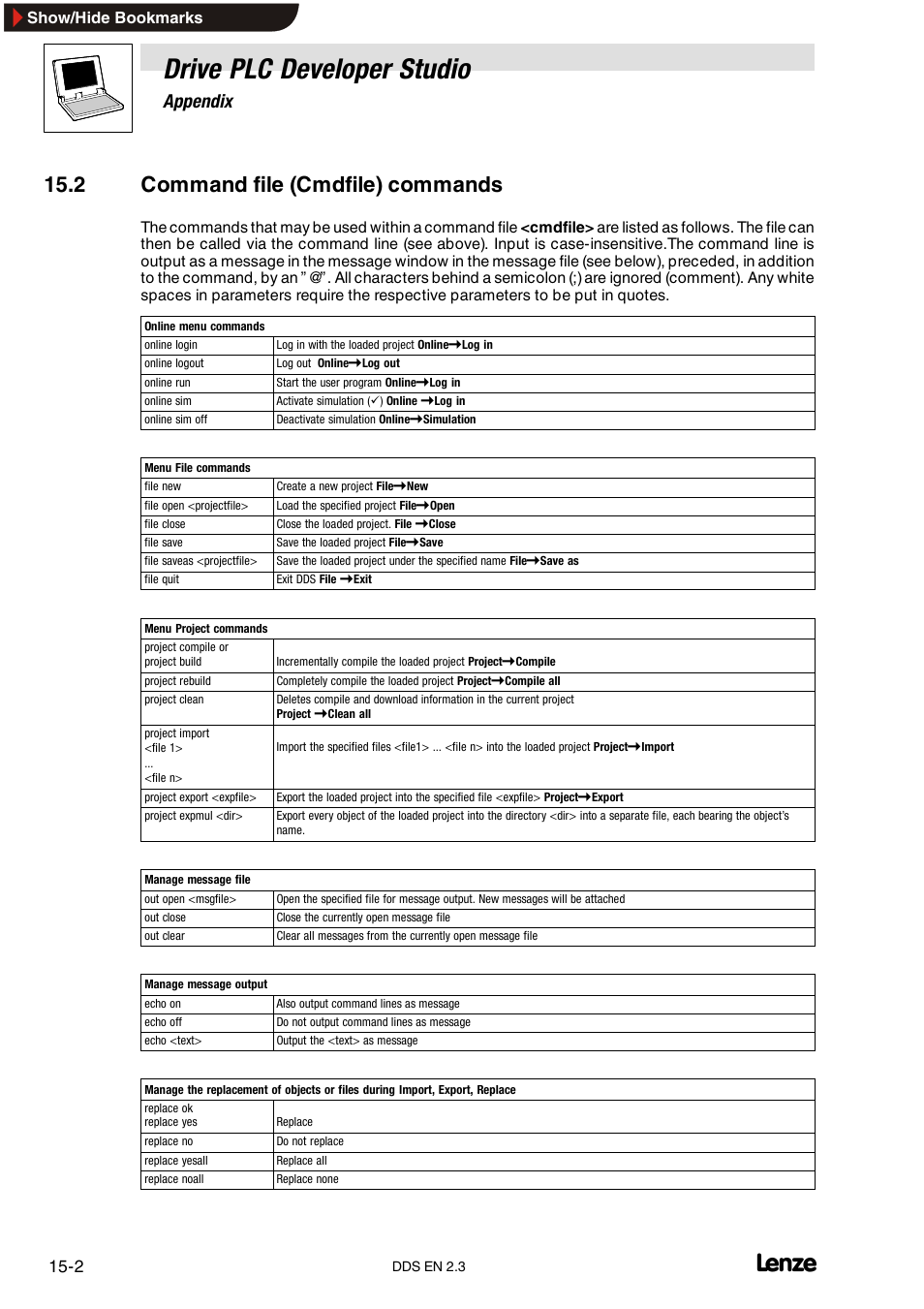 2 command file (cmdfile) commands, Drive plc developer studio, Appendix | Lenze DDS v2.3 User Manual | Page 312 / 340