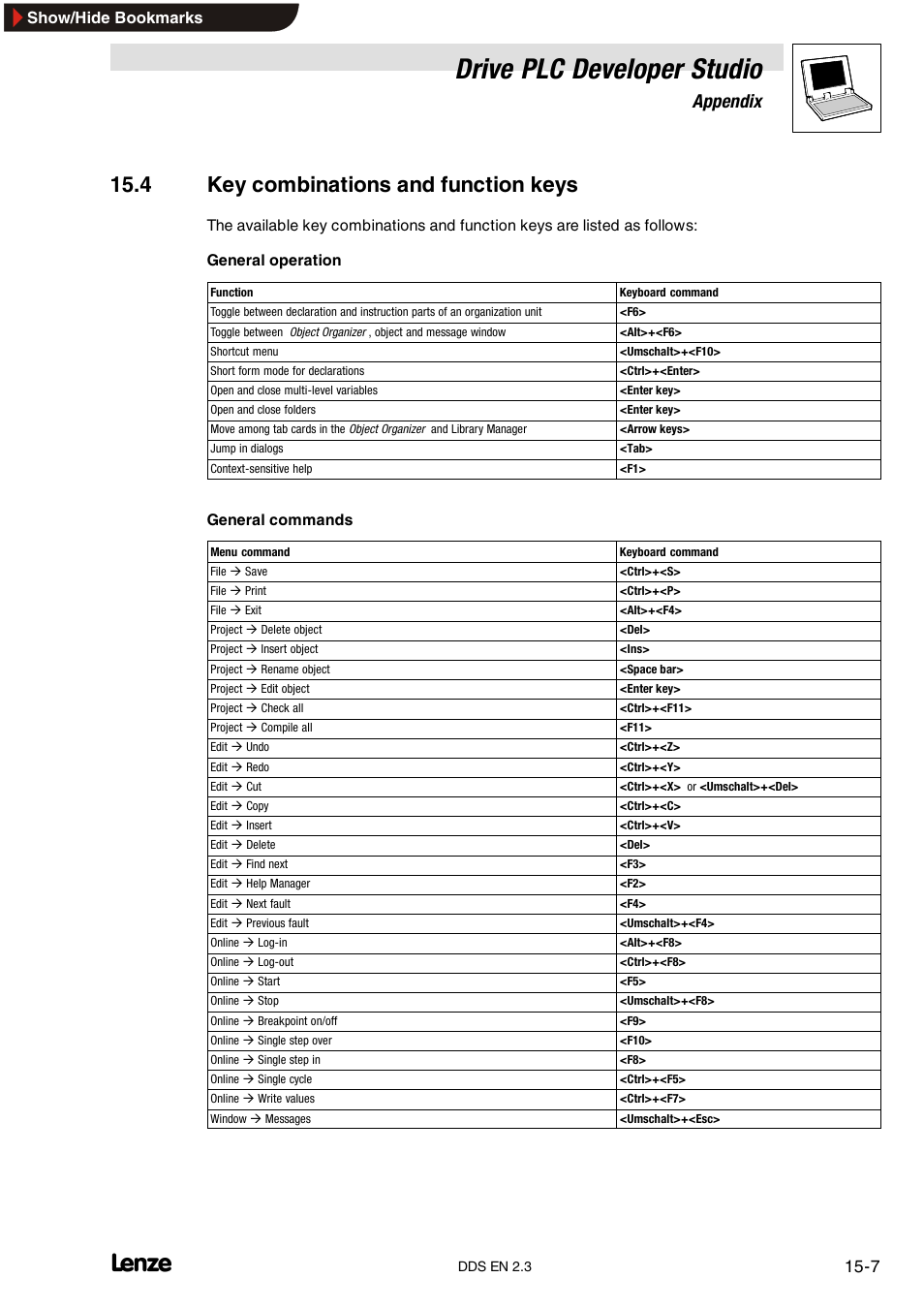 4 key combinations and function keys, Drive plc developer studio, Appendix | Lenze DDS v2.3 User Manual | Page 317 / 340