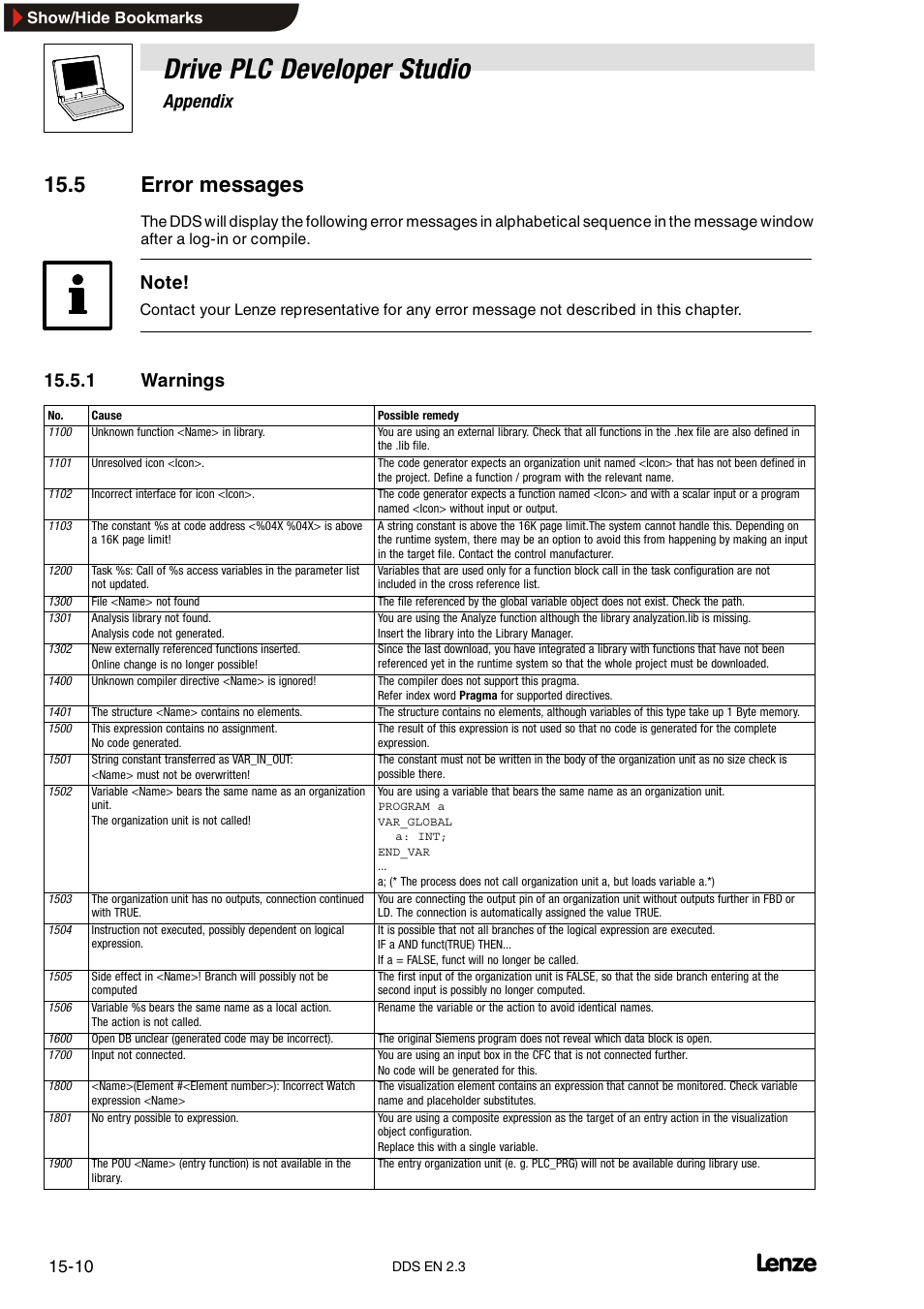 5 error messages, 1 warnings, Warnings | Drive plc developer studio, Appendix | Lenze DDS v2.3 User Manual | Page 320 / 340