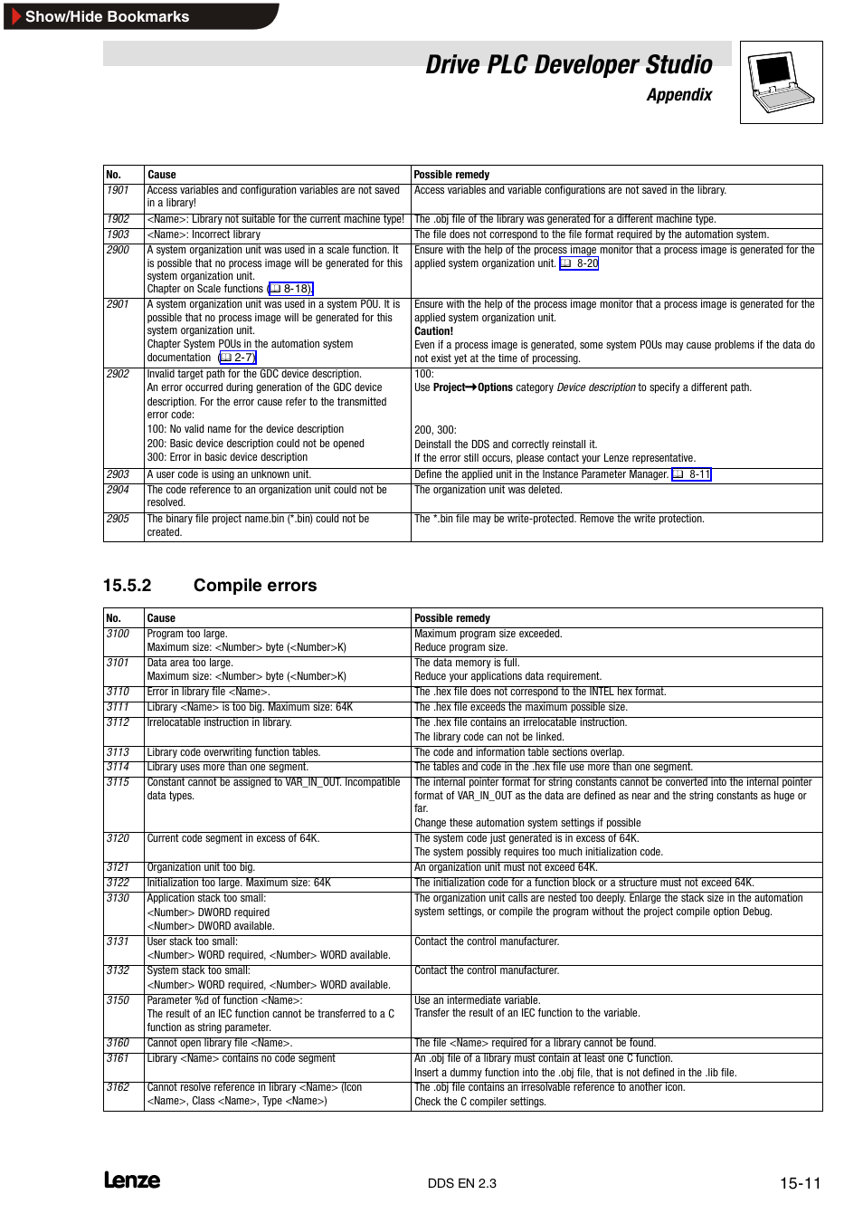 2 compile errors, Compile errors, Drive plc developer studio | Appendix | Lenze DDS v2.3 User Manual | Page 321 / 340