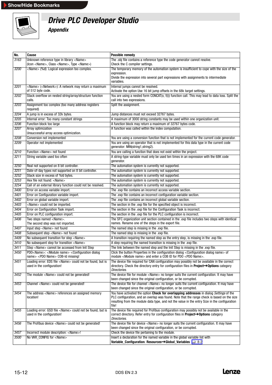 Drive plc developer studio, Appendix, Show/hide bookmarks | Lenze DDS v2.3 User Manual | Page 322 / 340