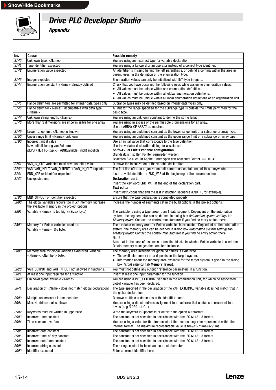 Drive plc developer studio, Appendix, Show/hide bookmarks | Lenze DDS v2.3 User Manual | Page 324 / 340