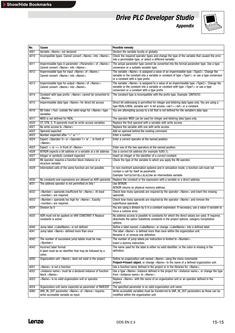 Drive plc developer studio, Appendix, Show/hide bookmarks | Lenze DDS v2.3 User Manual | Page 325 / 340