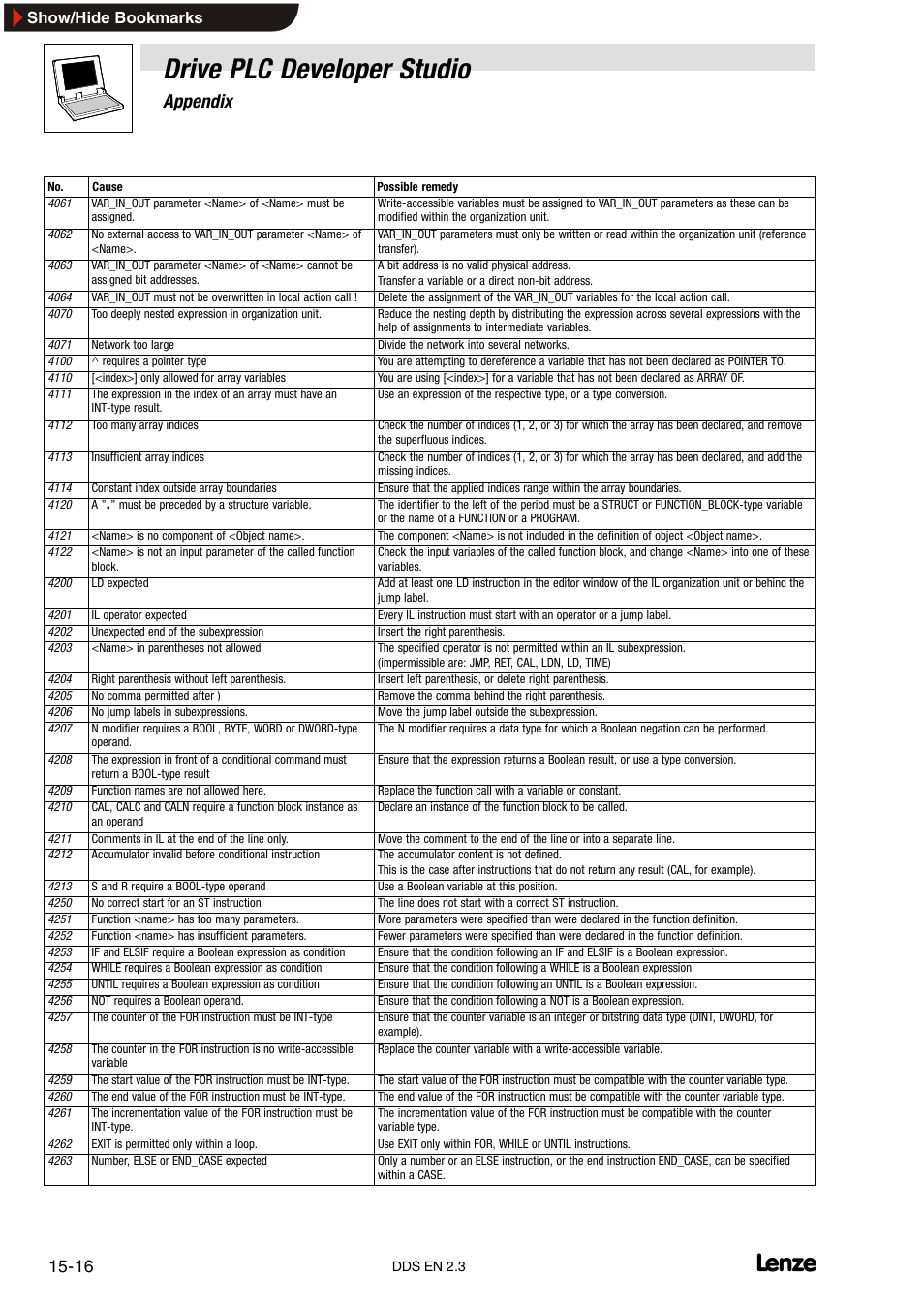 Drive plc developer studio, Appendix, Show/hide bookmarks | Lenze DDS v2.3 User Manual | Page 326 / 340